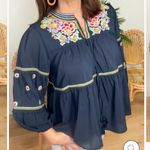 Piper & Scoot  Dance With Me Tiered Floral Embroidered Boho Peasant Top Navy Blue Photo 1