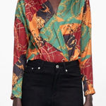 ZARA Body Suit Womens Large Black Geometric Trafaluc Deep V Stretchy Xx1377 Photo 0