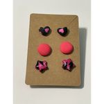 Fabric Covered Button Earring Stud Set Pink Black Set Hearts Stars Round Circles Photo 4