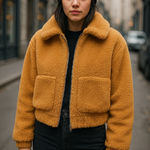 Urban Outfitters  Sherpa Fleece Zip Jacket – Tan Teddy Bomber – Women’s Small Photo 0