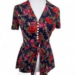 American Vintage 90'S VINTAGE GORGEOUS FLORAL BUTTON UP BABY DOLL TIE BLOUSE‎ MEDIUM. Photo 2