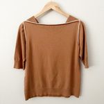 MADELEINE | Tan Brown White Piping Short Sleeve Sweater Top Blouse | Size Medium Photo 1