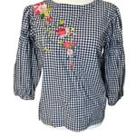 Melissa Paige Blue White Gingham Embroidered Blouse Puff Sleeves Small Petite Photo 1