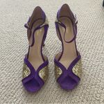 Kate Spade Corinne Carla Glitter Gold Purple High Heel Peep Toe Shoes Like New Photo 11