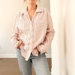 Gap Red and White Striped Smocked Cuff Button Down Blouse Photo 2