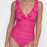 DKNY Ruffled Plunge V-Neck Shirred One-Piece Swimsuit Photo 0