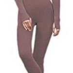 Seamless Ribbed Mauve Pink Long Sleeve Crop Top and Leggings Workout Set, Size S Brown Photo 0