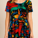 Jess & Jane Aspen Swing Dress Size Medium Blue Red Short Sleeve Abstract Artsy Black Photo 0