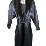 Vtg Laura Winston Collection XL Black Leather Trench Coat Fox Fur Collar Photo 0