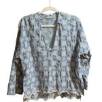 ZARA Blue & White Floral Embroidered Boho Eyelet Linen Blouse Women Sz S Photo 3