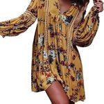 Womens Floral Boho Crochet Accent Lantern Sleeve Dress sz small Yellow Photo 5