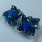 Shades of Blue Vintage Earrings Clipon Aurora Borealis Marquise Round Rhinestone Photo 1