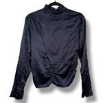 frame denim FRAME Navy Silk Ruched Mock Neck Button Front Long Sleeve Blouse Top Photo 0