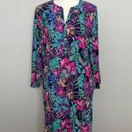 Cappagallo Dress Shift Stretchy Slinky Floral Tropical 3/4 Pink Blue Green Gold Size L Photo 0
