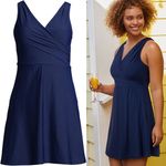 LANDS END Tummy Control Surplice Wrap Swim Dress One Piece Swimsuit Navy Size 18 Blue Photo 1