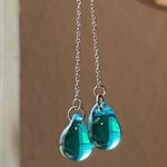 Handmade aqua teardrop Czech glass simple minimalist threader earrings💙 Photo 2