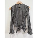 ZARA  Blouse Top XS Gingham Check Cold Shoulder Tie Back Bell Sleeve Black White Photo 8