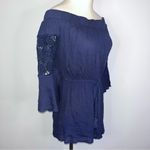Blush HINT OF  Navy Blue Floral Crochet Off The Shoulder Romper Small NWT Photo 4