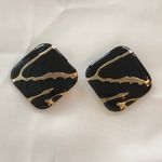 Super Mod Vintage Statement Pierced Earrings Gold W Black Enamel Photo 4