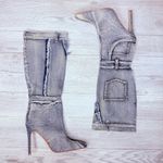 Denim light wash blue jean Raw Edge Pointy Toe Stiletto High Leg Boots 7 pocket Photo 0