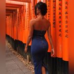 ZARA Dark Denim Strapless Raw Hem Back Slit Bodycon Tube Midi Dress Size XS Photo 7