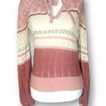 Vintage Knit Embroidered Hoodie Sweater Oatmeal Pink Floral Cropped Crochet Size M Photo 4