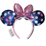 Disney  Parks Minnie Mouse Navy Blue Polka Dot Ears Pink Sequin Bow Headband USA Photo 1