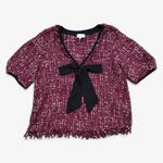 Entro  Pink Burgundy Tweed Black Bow Blouse Size L Photo 1