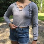 GREY LACE UP FRONT LONG SLEEVE CROP TOP Gray Photo 0