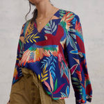 Farm Rio  Kaia Blouse Small Tropical Birds Parrots Wide Sleeves Coastal Beachy Photo 0