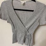 Caution to the Wind  Gray Striped Wrap Blouse Photo 0