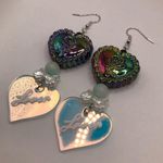 Handmade Beaded Oil Slick Rose Heart Earrings with Iridescent Lover Heart Charms White Photo 0