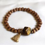 Source Unknown Trendy Faceted Tiger's Eye Center Stone Tassel Charm Wood Beads 7" Bracelet Photo 0