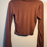 No Comment Brown Fitted Long Sleeve Button Down Shirt SZ S 1/4 Button Y2K Petite Tee Photo 6