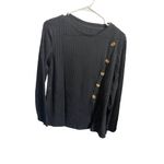 None Black Ribbed Asymmetrical Button Detail Long Sleeve Top Size L Photo 2