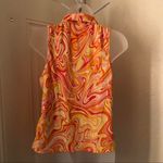 Kontrol Orange yellow psychedelic swirl halter sleeveless ruched button up down top shirt blouse stretchy Size XL Photo 5