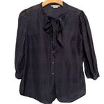 Splendid  for Bergdorf Goodman 5th Floor M Navy Blue Tie Neck Cotton Silk Shirt Photo 0