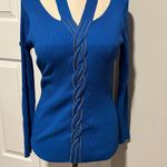 Ashley Stewart  Sweater  blue ribbed rhinestones braid cutout pullover Size 14/16 Photo 2