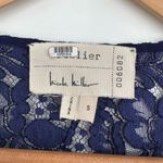 Nicole Miller  Atelier Navy Blue Silk Blouse size Small Lace Trim Long Sleeves Photo 9