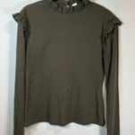 Ruffle Long Sleeve Ribbed Blouse Shirt Olive Green Ruffle Neck & Shoulder Medium Photo 0