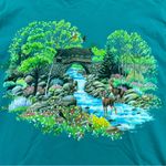 Hanes NWOT Vintage 90s sz L Teal T-shirt Nature Scene - Deer, Bridge, Waterfall, Creek Photo 1