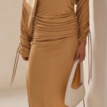 Atlein Dress Beige Ruched Long Sleeve Off Shoulder Designer Midi Dress Size 40 Tan Photo 0