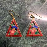 vtg cloisonne Earrings Flower Floral Triangle Shaped Dangle Drop Gold Tone Photo 2