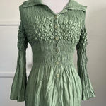 Jerry T Y2K Crinkle Bubble Popcorn Top Shirt Sage Green Smocked Peplum Flare S Photo 0