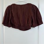 A New Day  Linen Blend Flutter Sleeve Tie Front Crop Shirt Brown Burgundy XS Photo 4