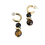 Vintage Gold Tone Tigers Eye Black Onyx Beaded Hoop Earrings Huggies Estate 1.5" Photo 1