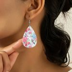 Pink Flower & Hummingbird Pattern Drop Earrings‎ Lightweight Faux Leather Photo 7