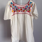 White Embroidered Mexican Blouse Tunic Top Folk Art Floral Boho sz S Oaxacan Photo 0