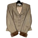 Kay Unger  Gold Blazer Size 6 Mink Cuff Trim | Vintage Wool Herringbone Jacket Photo 1