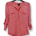 Lucky Brand Womens Henley Shirt RedWhite Stripe Roll Tab Sleeve Pockets S Photo 0